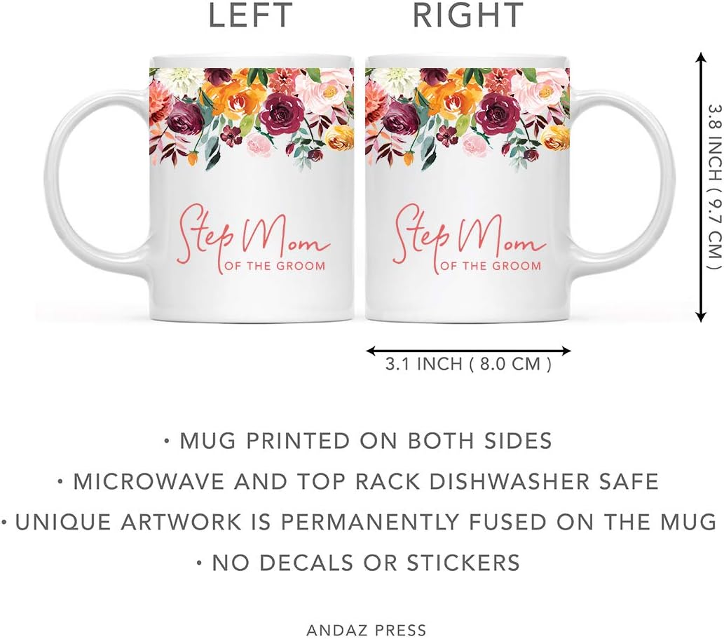 Andaz Press 11oz. Wedding Ceramic Coffee Tea Mug Gift, Fall Autumn Burgundy Orange Peach Flowers Roses Florals, Step Mom of the Groom, 1-Pack, Includes Gift Box