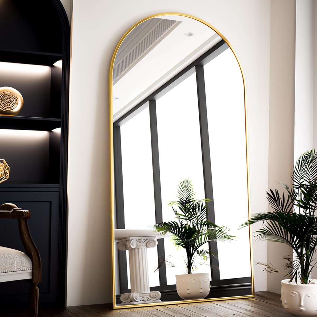 VooBang Oversized Full Length Mirror, 76" x 34" Arch Floor Mirror with Stand, Aluminum Alloy Frame Full Body Mirror for Bedroom Bathroom Living Room Decor, Gold