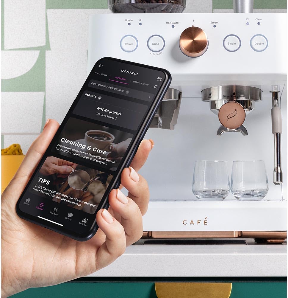 Café Bellissimo Semi Automatic Espresso Machine + Milk Frother | WiFi Connected, Smart Home Kitchen Essentials | Built-In Bean Grinder, 15-Bar Pump & 95-Ounce Water Reservoir | Matte White