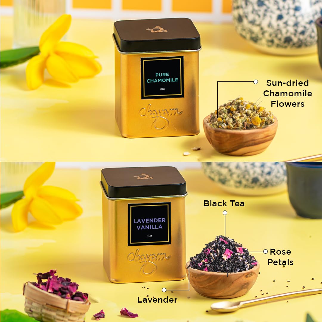 CHAYAM Floral Tea Set | Wellness Herbal Tea Gift Box – Lavender Vanilla (50g) & Pure Chamomile (30g) | Hamper for Mom, Friends & Family | Gift Set Combo