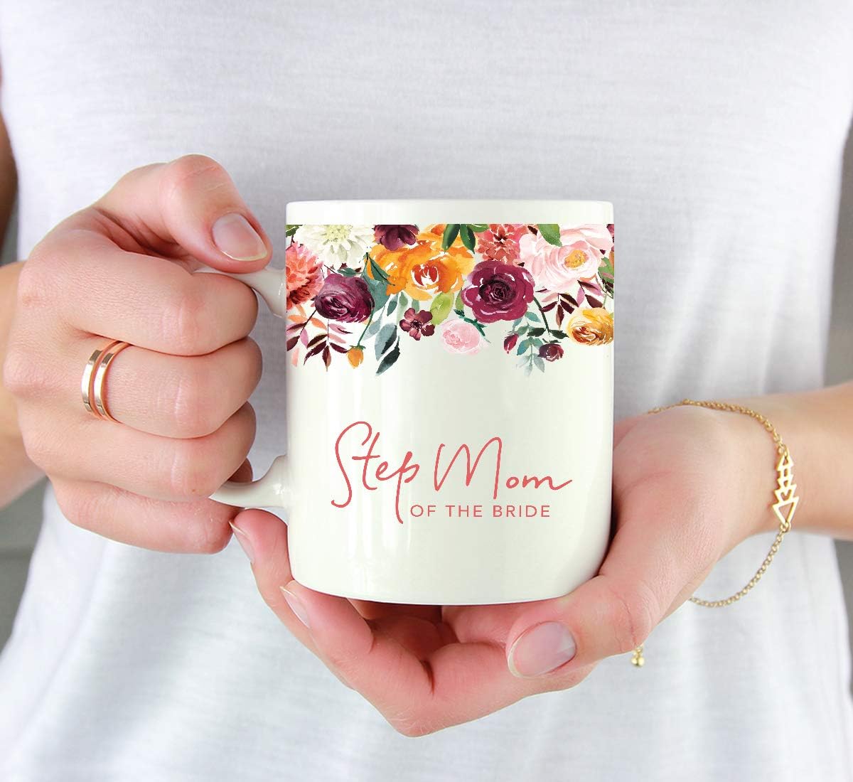 Andaz Press 11oz. Wedding Ceramic Coffee Tea Mug Gift, Fall Autumn Burgundy Orange Peach Flowers Roses Florals, Step Mom of the Bride, 1-Pack, Includes Gift Box