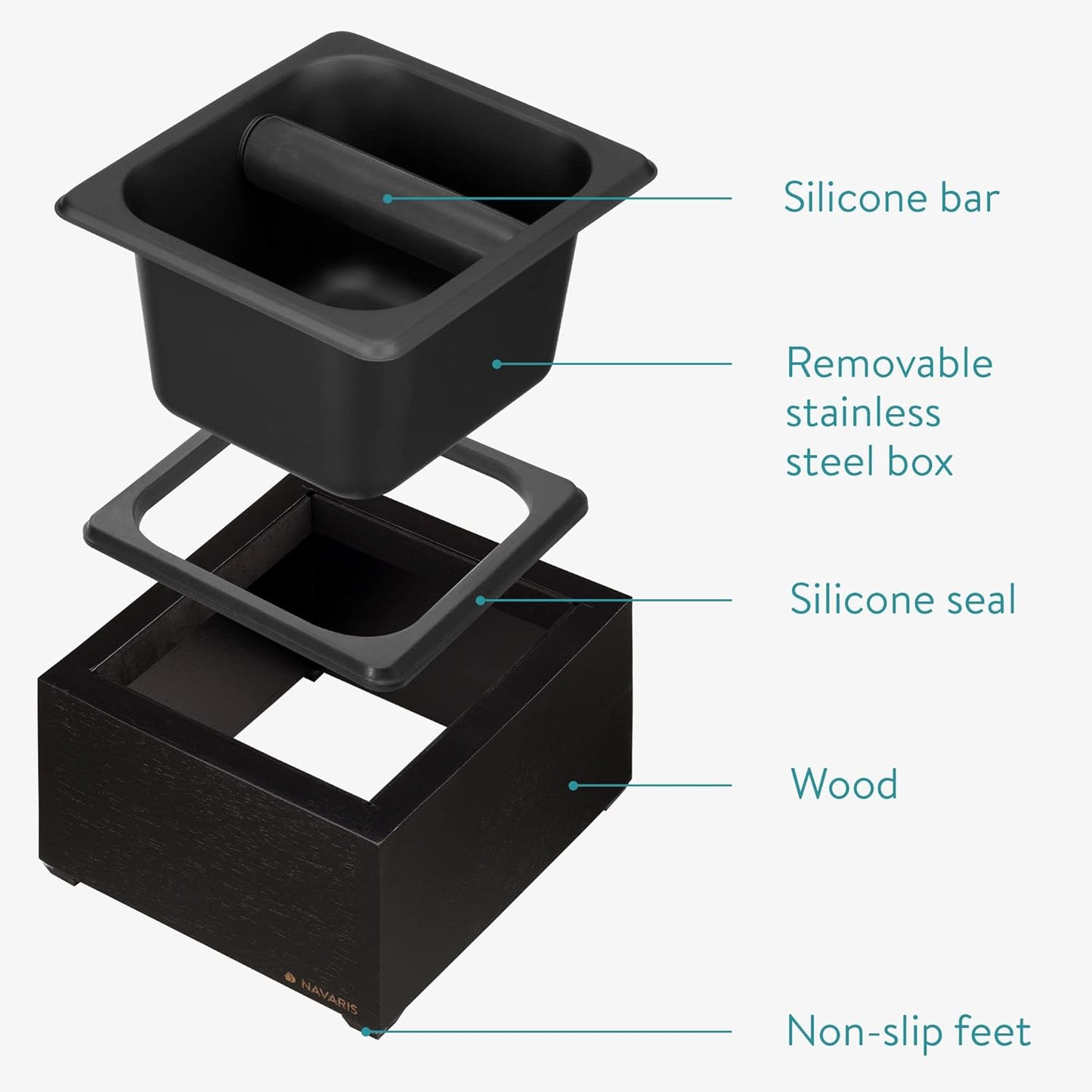 Navaris Coffee Knock Box - Stainless Steel and Wood Bin for Espresso Machine Grounds - With Silicone Bar for Knocking Portafilter Filter Grinds - Black/Black