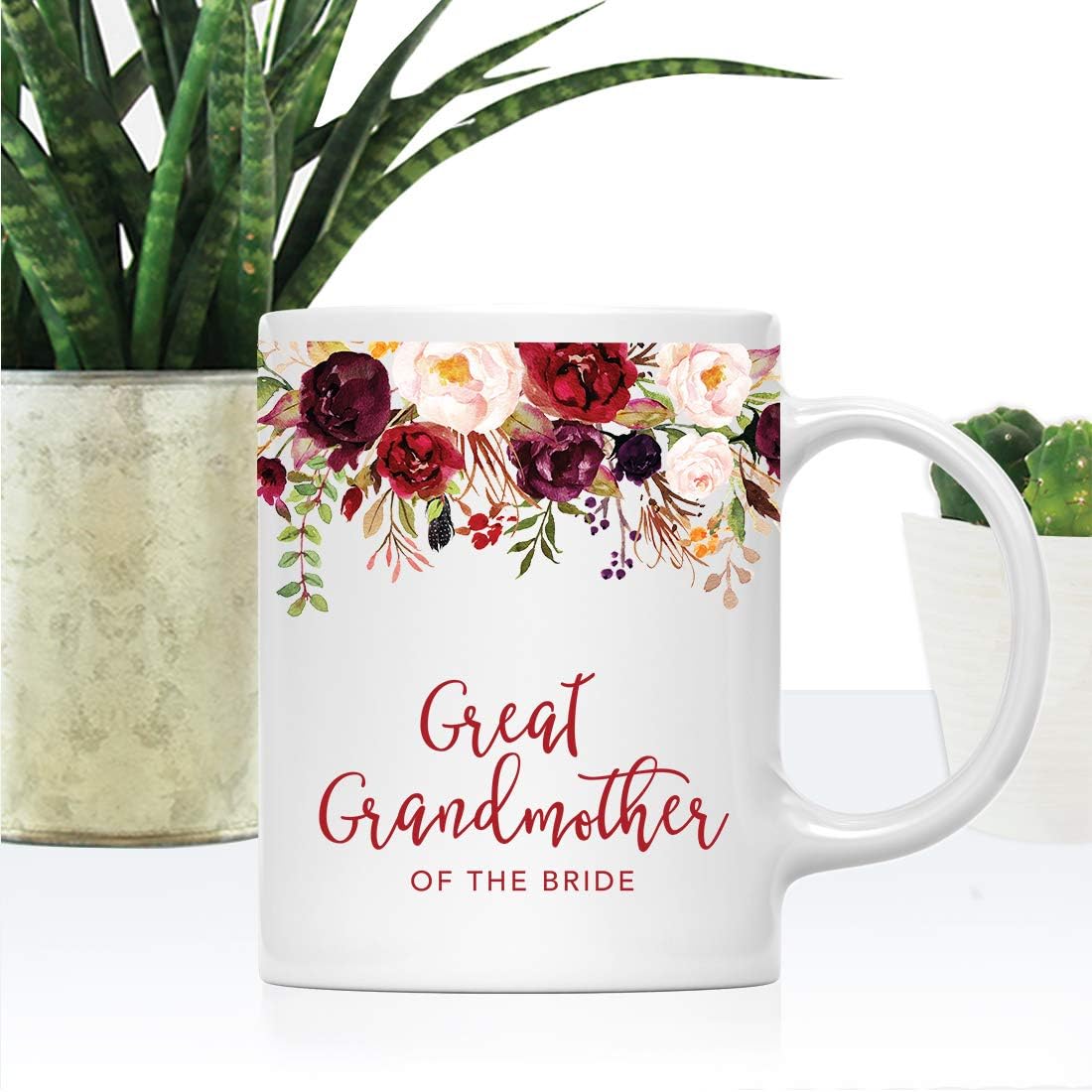Andaz Press 11oz. Wedding Ceramic Coffee Tea Mug Gift, Fall Autumn Marsala Burgundy Flowers Roses Florals, Great Grandmother of the Bride, 1-Pack, Includes Gift Box