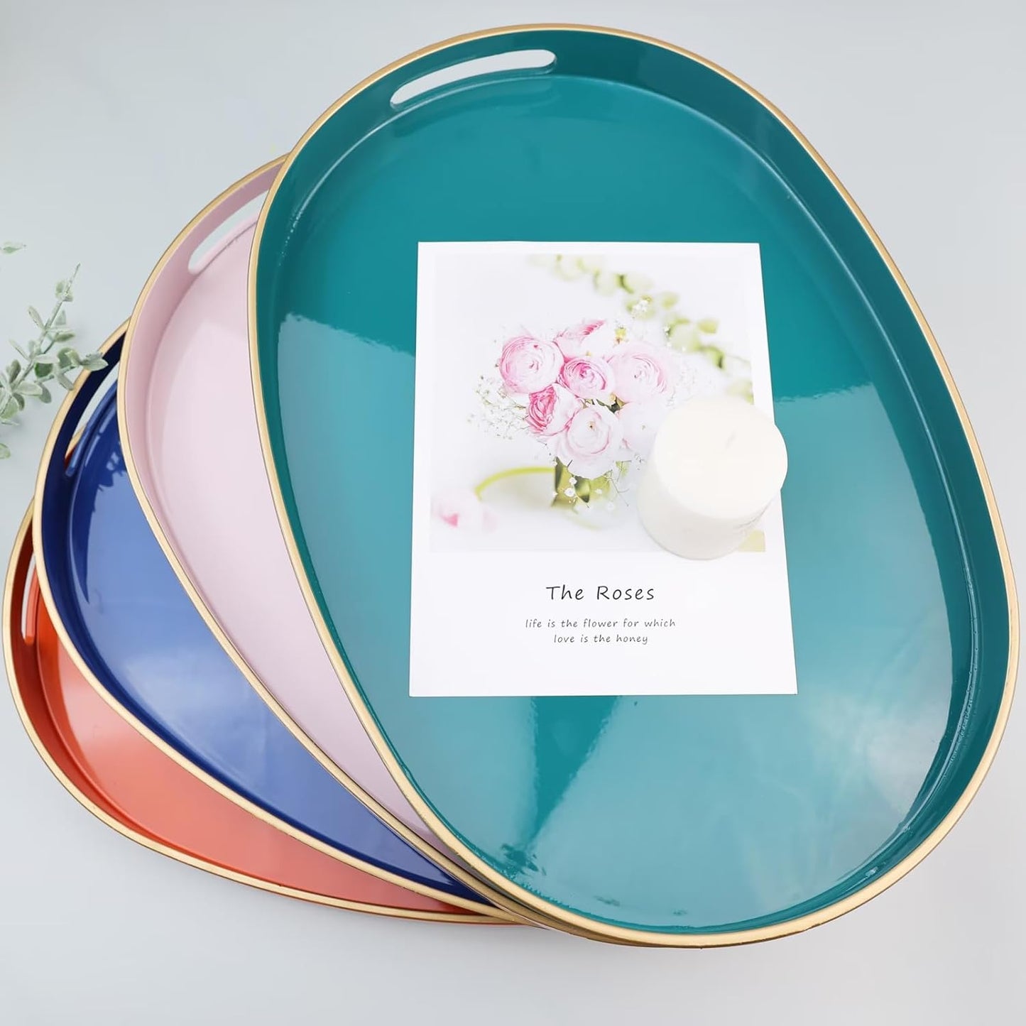 Green Oval Decorative Tray with Handles, Versatile Serving Tray for Coffee Table, Ottoman, Ideal for Serving, Displaying, Organizing