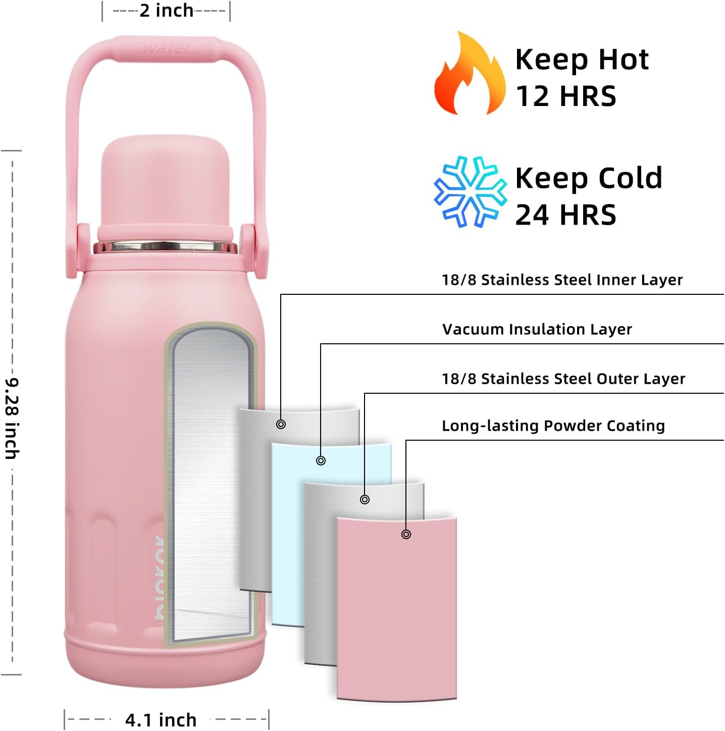 BJPKPK Insulated Water Bottle 40oz Stainless Steel Water Bottles Double Wall with Handle and Cup Lid Travel Metal Thermos,Light Pink