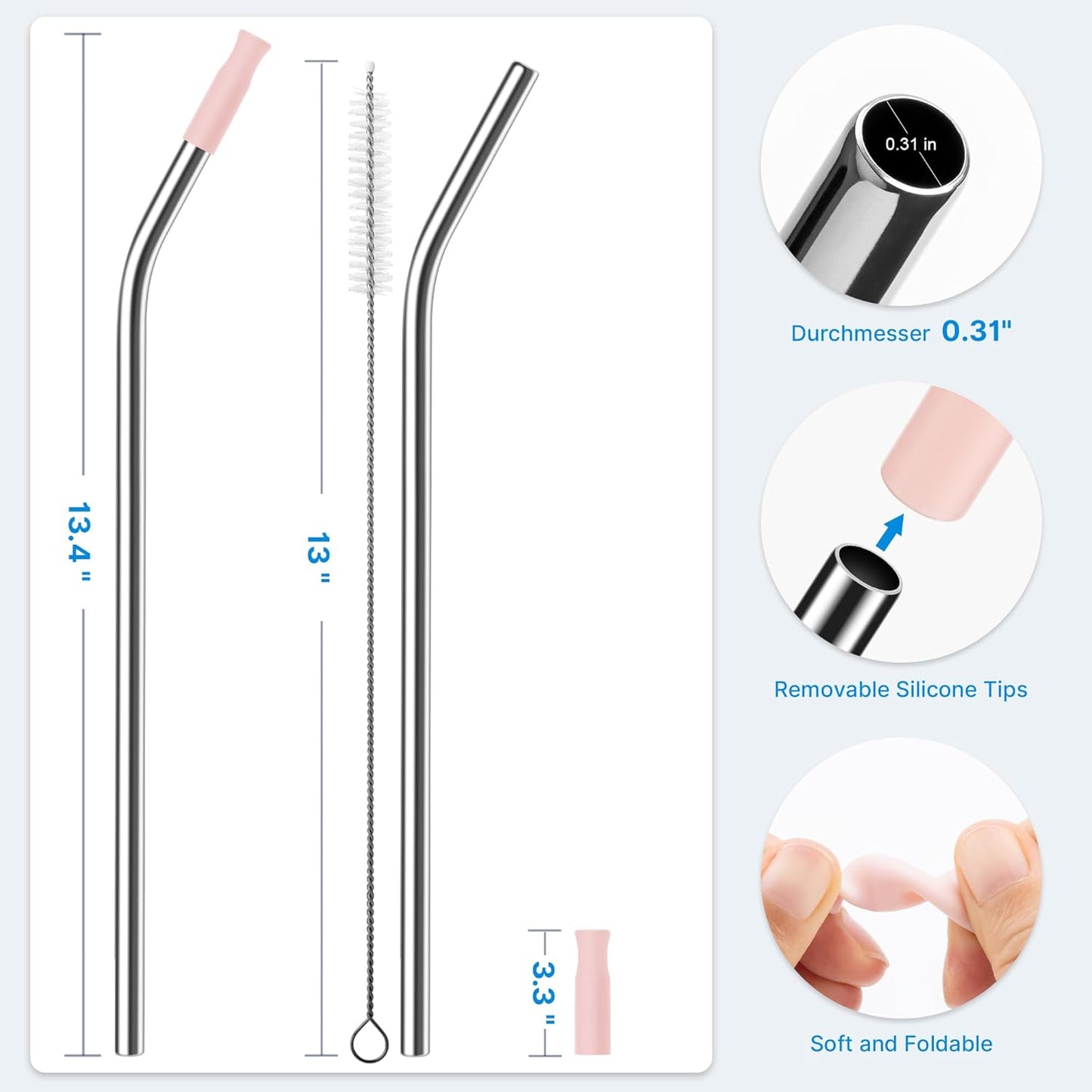 Repeatable Metal Straw with Silicone Tips for 40 oz Stanley Tumbler, 2 Pcs 40 oz Stainless Steel Straws Replacement for Stanley Tumbler, 1 Straw Brush, BPA Free（Light Pink）