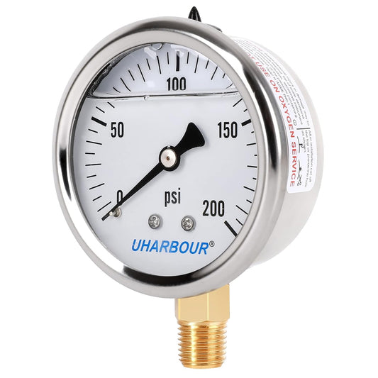 Glycerin Filled Pressure Gauge with 304 Stainless Steel Case, 2.5" Dial Size, 0-200Psi, High Accuracy, 1/4" NPT Center Lower Mount with Single Scale (psi).¡¦