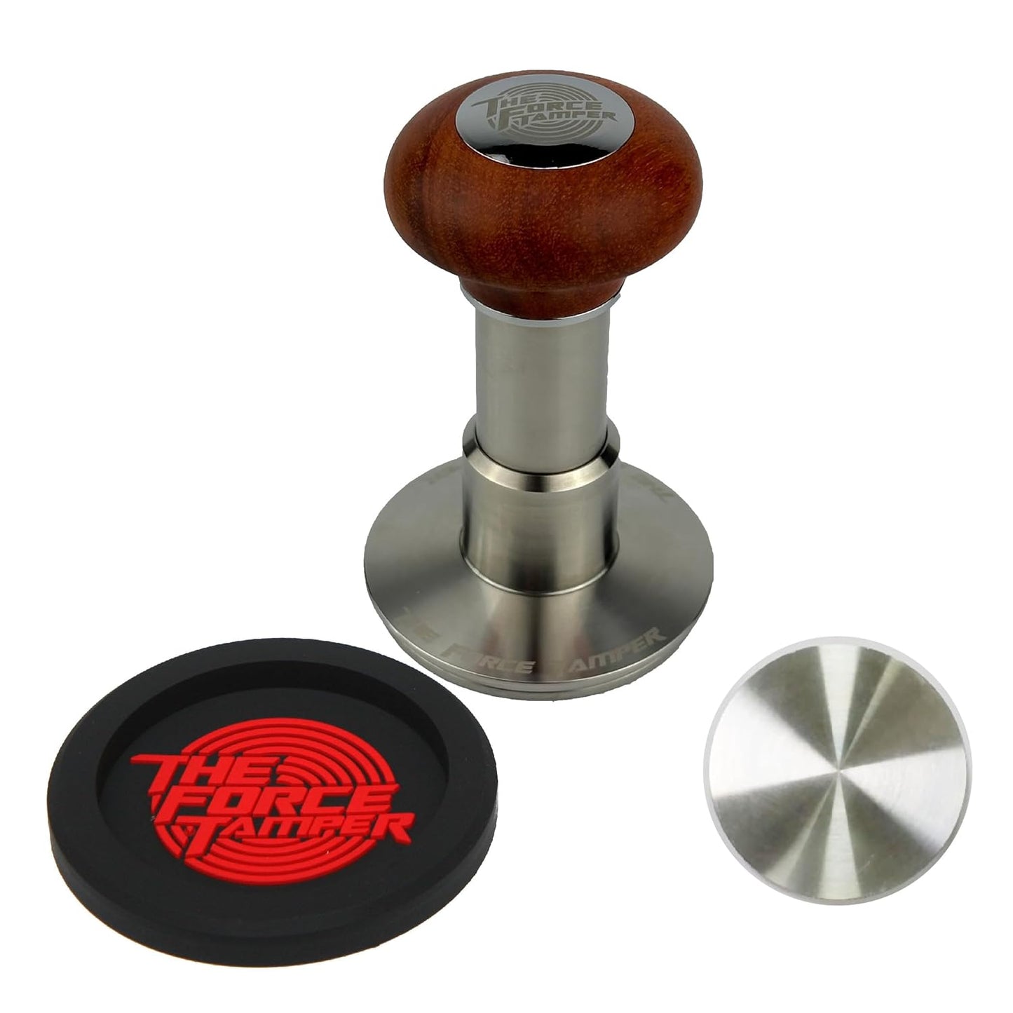 The Force Tamper Automatic Impact Adjustable Constant Pressure and Autoleveling Coffee Tamper Reddish Brown Jellyfish Wooden Handle Set Pro (Standard Set, 53.00mm)