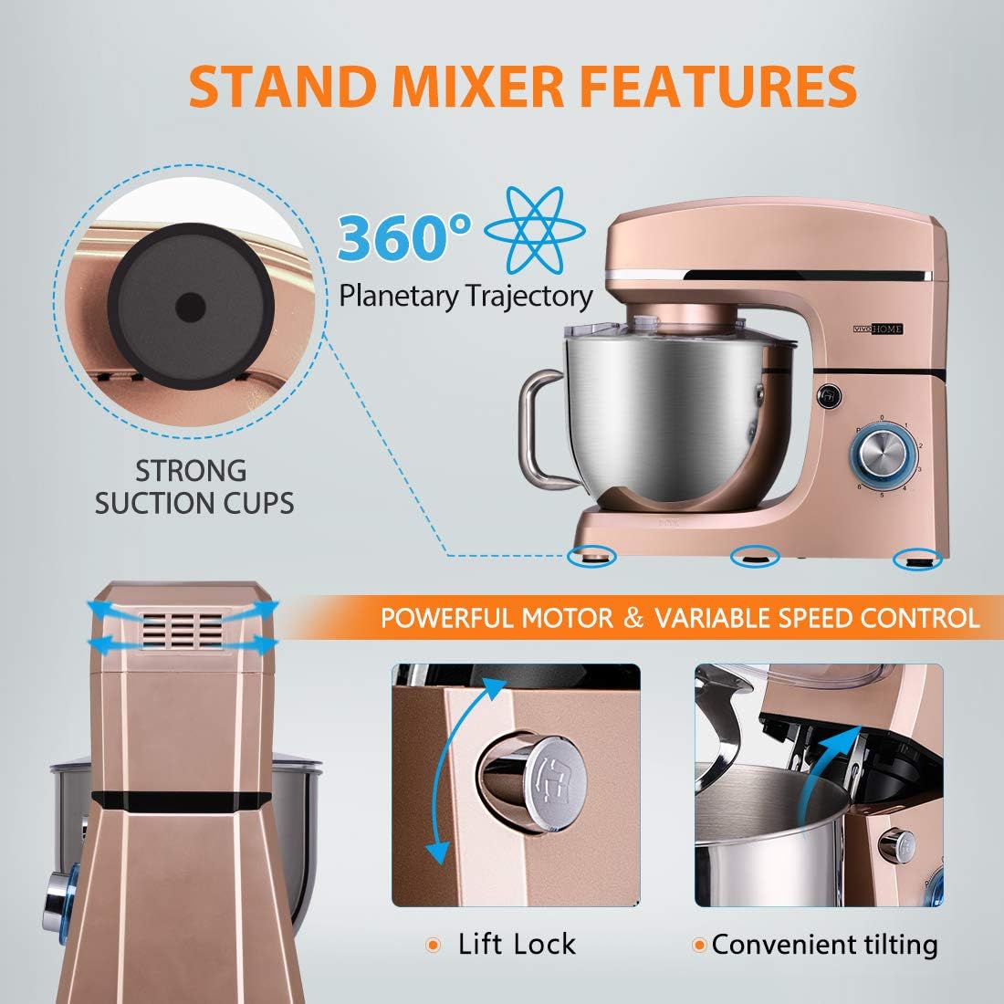 VIVOHOME 7.5 Quart Stand Mixer, 660W 6-Speed Tilt-Head Kitchen Electric Food Mixer with Beater, Dough Hook, Wire Whip, and Egg Separator, Champagne