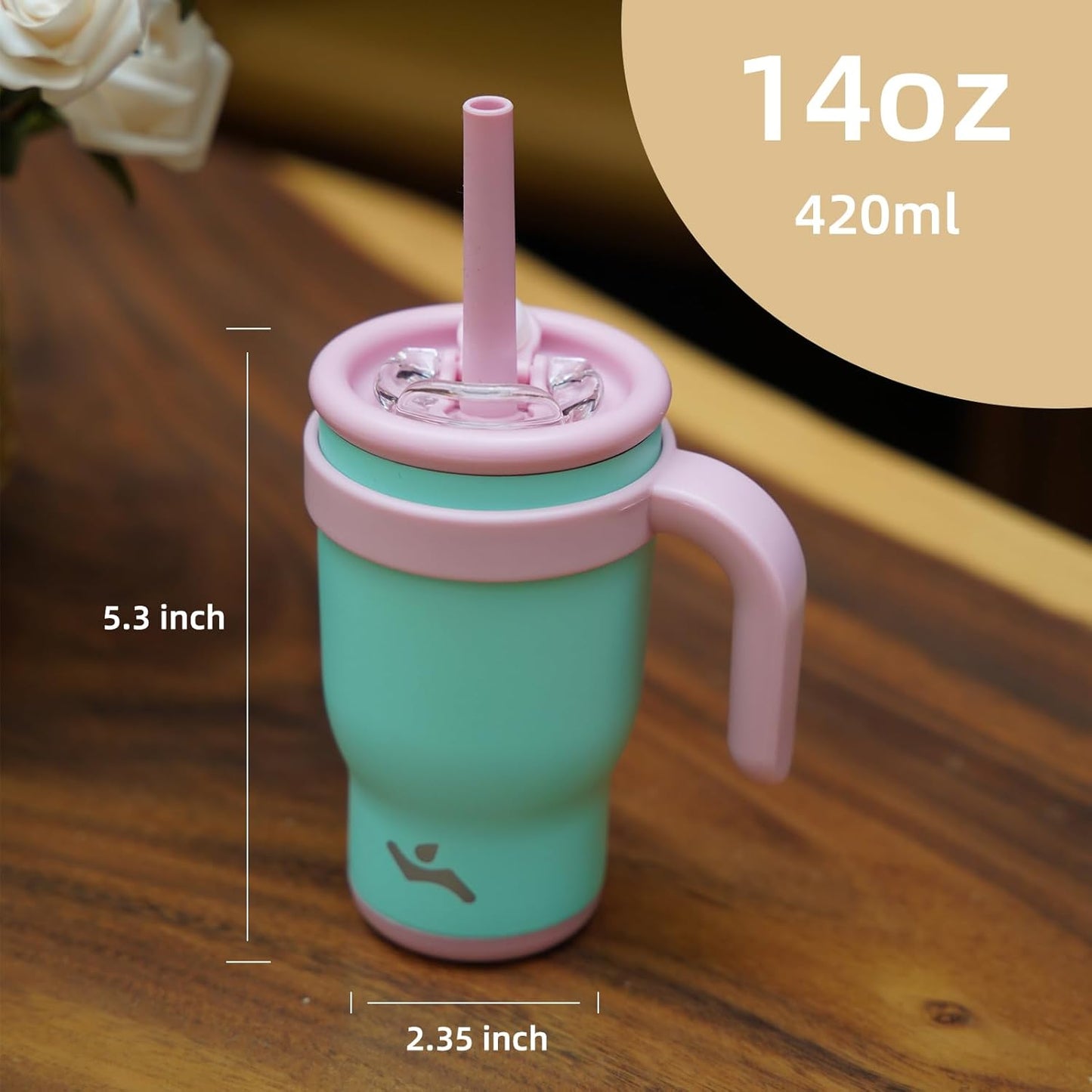 14 oz Tumbler with Side Handle, Insulated Water Bottle with Straw and 2 in 1 Lid, Stainless Steel Cup Travel Coffee Mug for Sports Office Gym,Camp Green