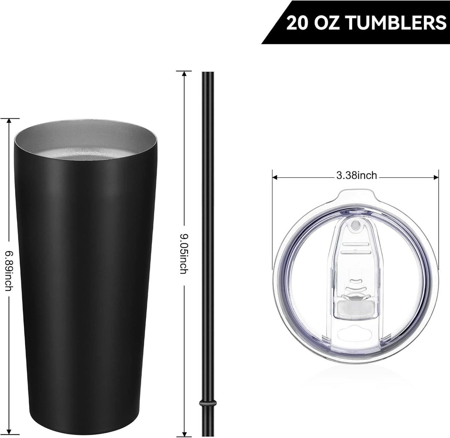 VEGOND 20oz Tumbler Bulk with Lid and Straw 6 Pack, Stainless Steel Vacuum Insulated Tumbler, Double Wall Coffee Cup Travel Mug, Black