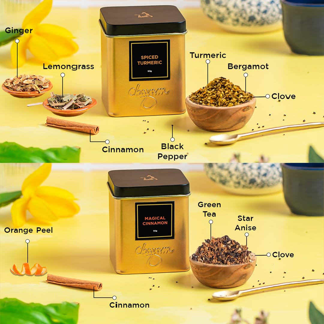 CHAYAM Blissful Infusion – Spiced Turmeric & Magical Cinnamon Wellness Tea Gift Set (2 x 1.76oz) + Infuser | Loose Leaf Black & Green Tea Caddies for Tea Lovers
