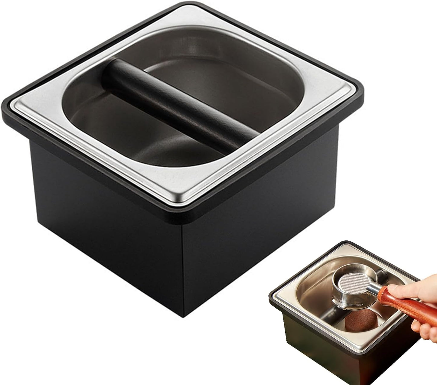 Espresso Coffee Knock Box, Stainless Steel Coffee Pucks Container, with Noise Reduction Rubber Ring,Silicone Bar for Knocking Portafilter Filter Grinds
