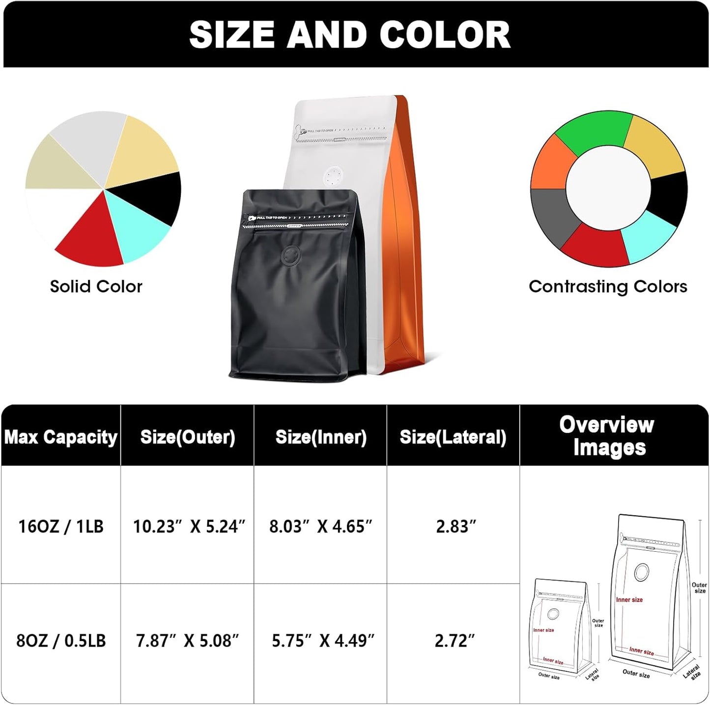 Coffee Bags with Valve(60pcs,16 oz,1 lb) Vented Coffee Beans Packaging Bags High Barrier Aluminumed Foil Flat Bottom Heat Sealed Side Zipper Resealable Storage Bag for Home or Business（White+Orange）