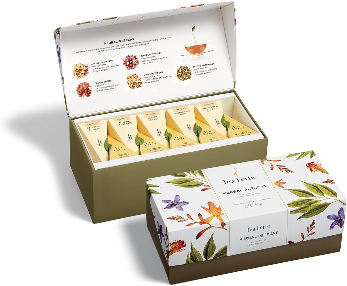 Tea Forte Herbal Retreat Premium Tea Presentation Box Tea Gift Sampler, 20 Count, 2 of Each Variety Individually Wrapped Handcrafted Pyramid Infuser Bags