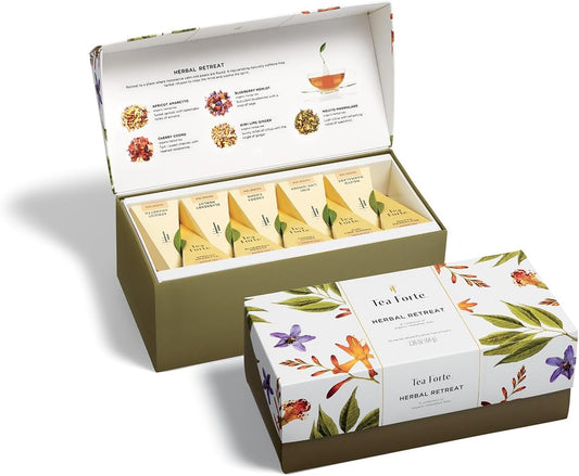 Tea Forte Herbal Retreat Premium Tea Presentation Box Tea Gift Sampler, 20 Count, 2 of Each Variety Individually Wrapped Handcrafted Pyramid Infuser Bags