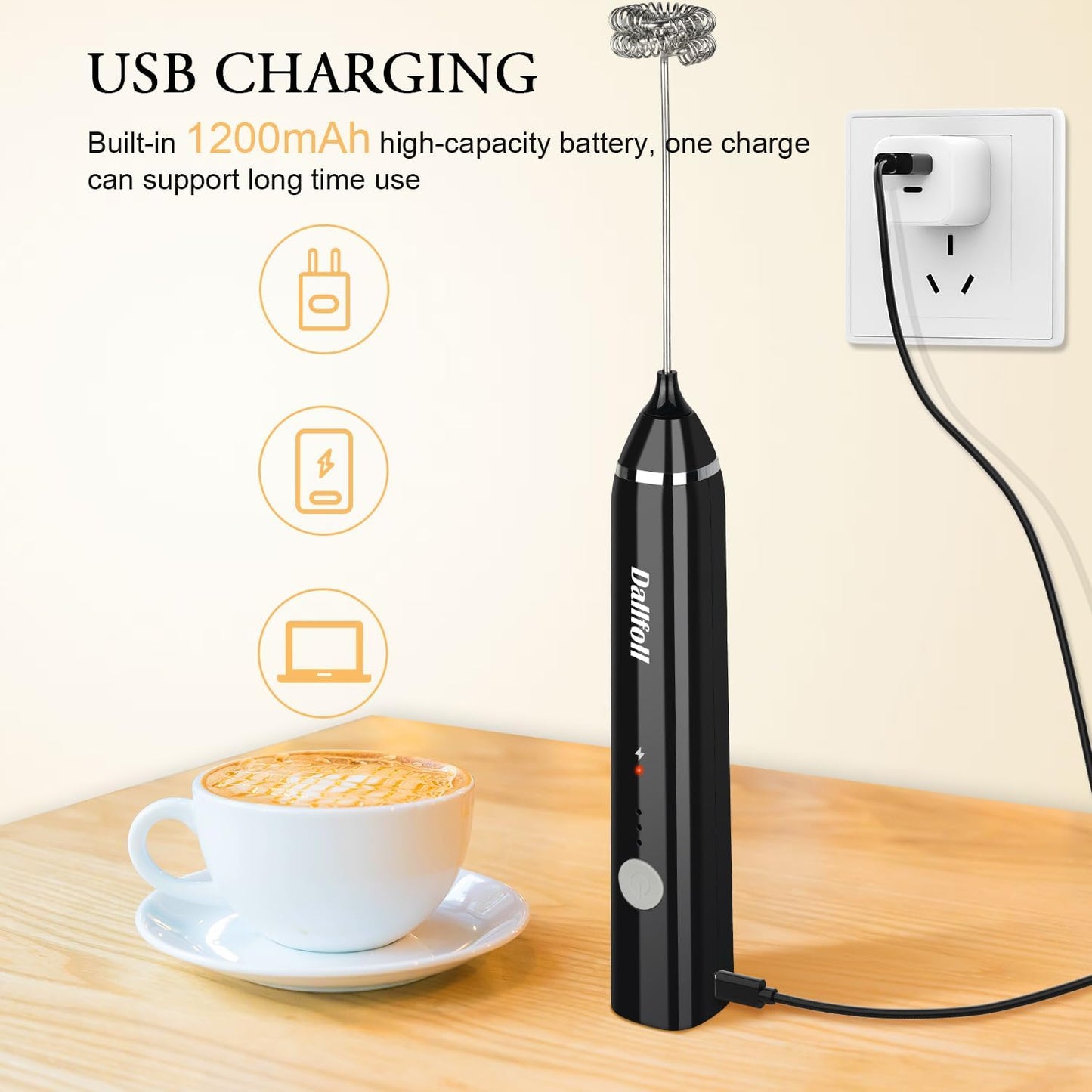 Milk Frother Handheld,Dallfoll USB Rechargeable Electric Foam Wand Maker for Coffee, 3 Speeds Mini Milk Foamer Drink Mixer with 2 Whisks for Bulletproof Coffee Frappe Latte Cappuccino Hot Chocolate