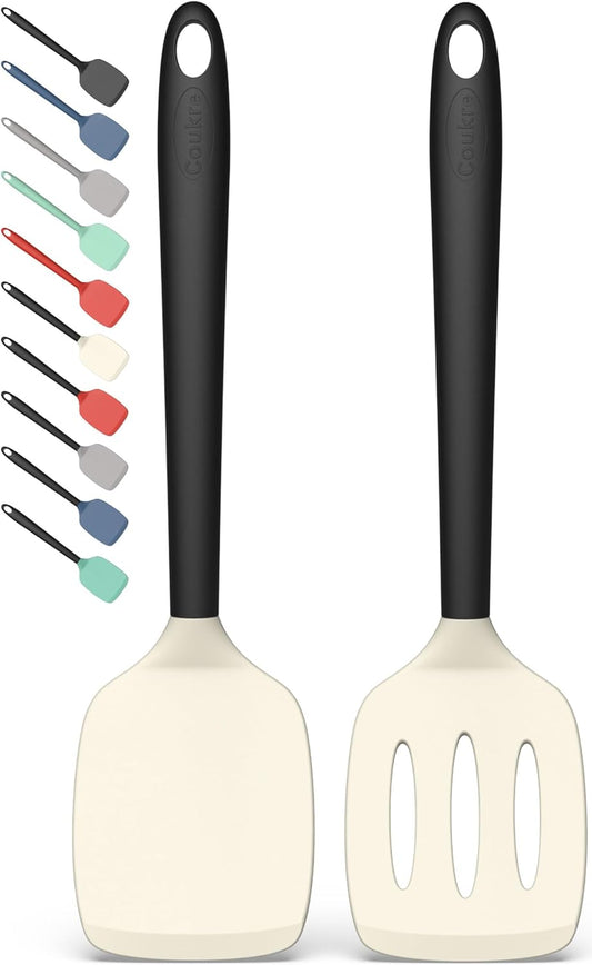 Coukre 2 Pack Silicone Spatula Set, High Heat Resistant, BPA Free Kitchen Spatula, Solid & Slotted Turner for Non-Stick Pans, Saut?ing, and Flipping (2, Beige)