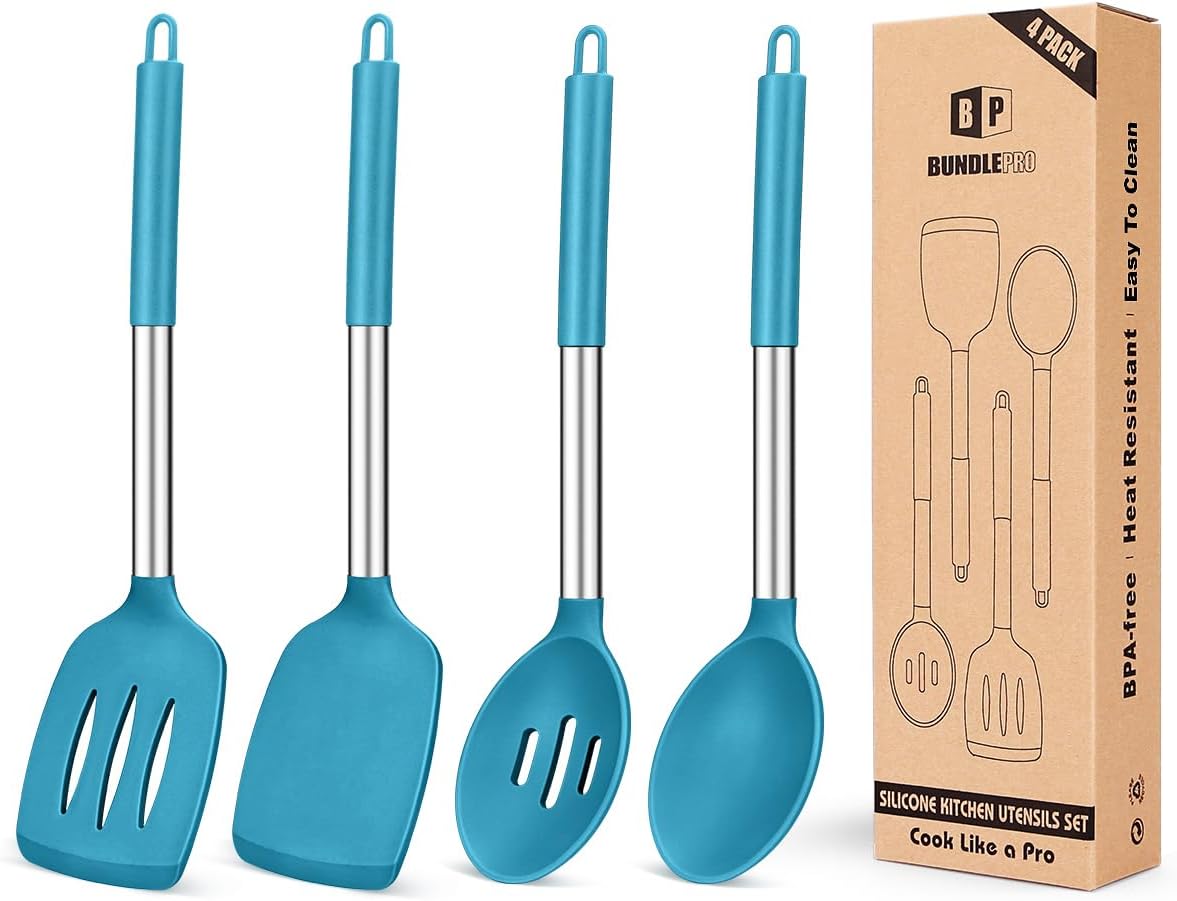 Pack of 4 Silicone Cooking Utensils Set, Non Stick Large Solid Spatulas, Heat Resistant Blue Slotted Spoons, Ideal BPA Free Kitchen Turners for Frying, Mixing,Serving,Draining,Turning,Stirring