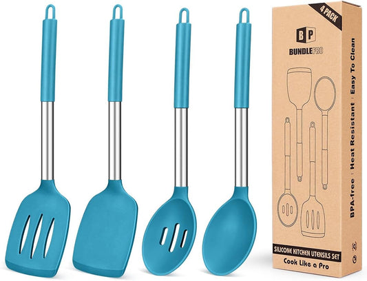 Pack of 4 Silicone Cooking Utensils Set, Non Stick Large Solid Spatulas, Heat Resistant Blue Slotted Spoons, Ideal BPA Free Kitchen Turners for Frying, Mixing,Serving,Draining,Turning,Stirring