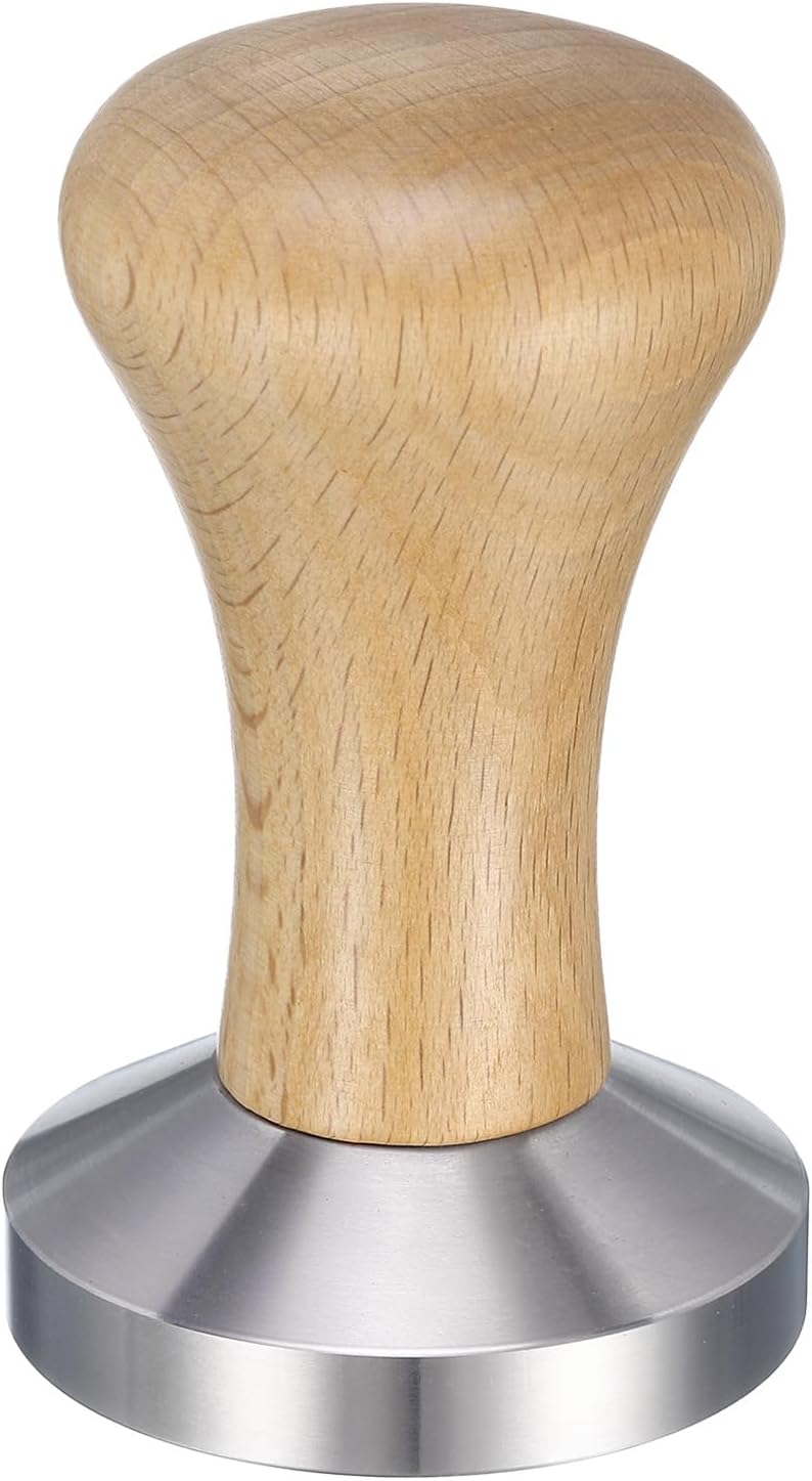 uxcell 58mm Espresso Tamper, Stainless Steel Press Tool Tamper with Wooden Handle, Espresso Accessories for Baristas, Home, Shops, Cafe (Flat Base, Light Wooden)