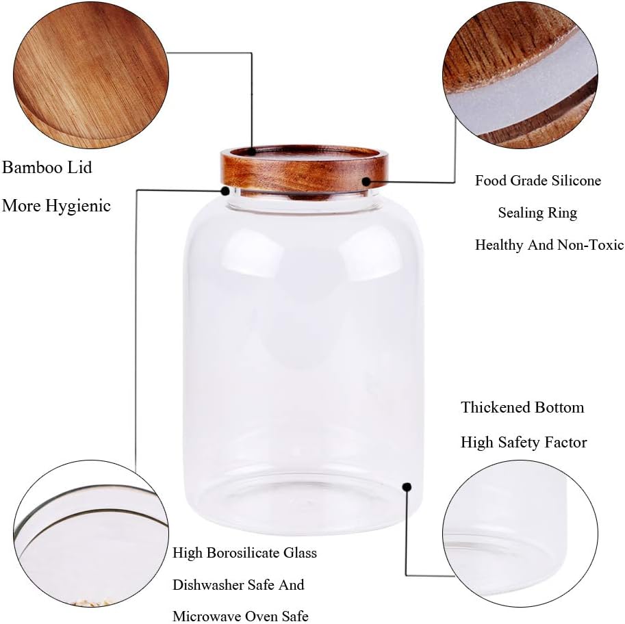 Large Glass Food Canisters, 66 FL OZ(1950ml) Kitchen Serving Stoarge Container with Airtight Acacia Lids, Cereal Dispenser Jars for Spaghetti Pasta, Powder, Spice, Tea, Coffee(7.6inch high)