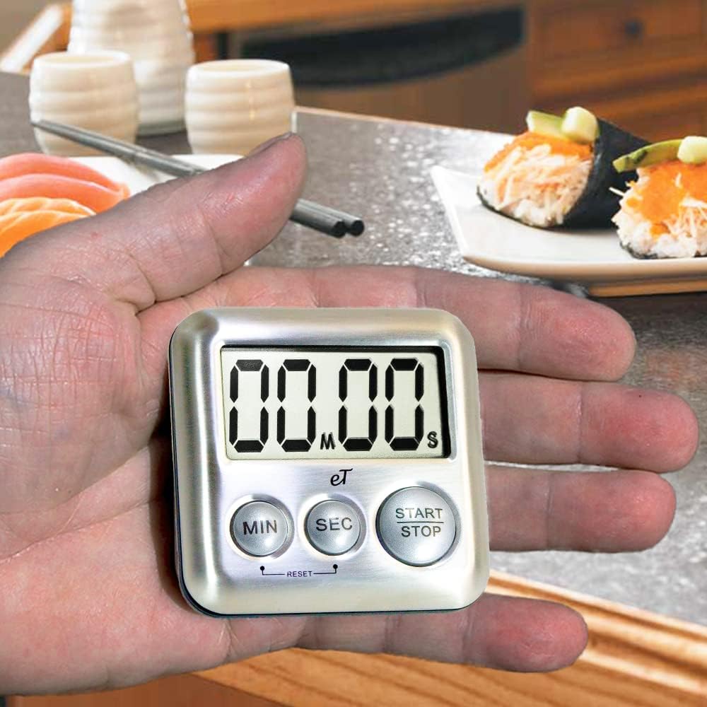 Elegant Digital Kitchen Timer Stainless Steel - Silver - Strong Magnetic Back - Kickstand - Loud Alarm - Large Display - Auto Memory - Auto Shut-Off - Model eT-26 (Silver) by eTradewinds