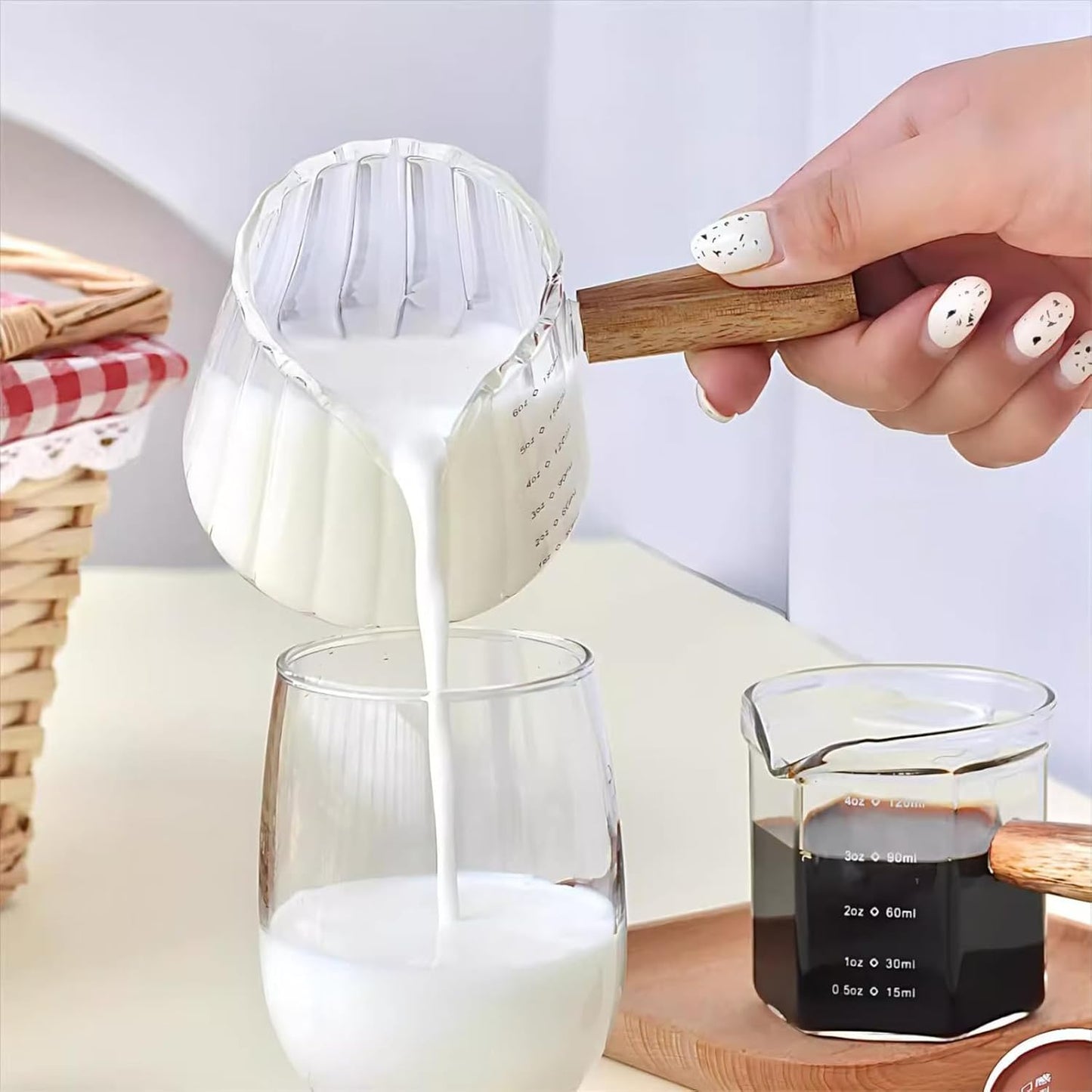Espresso Measuring Cup 6 Oz, Espresso Glass Cups with Wood Handle, Milk Frothing Cup, Espresso Cup for Coffee, Milk, Tea or Maple Syrup Serving