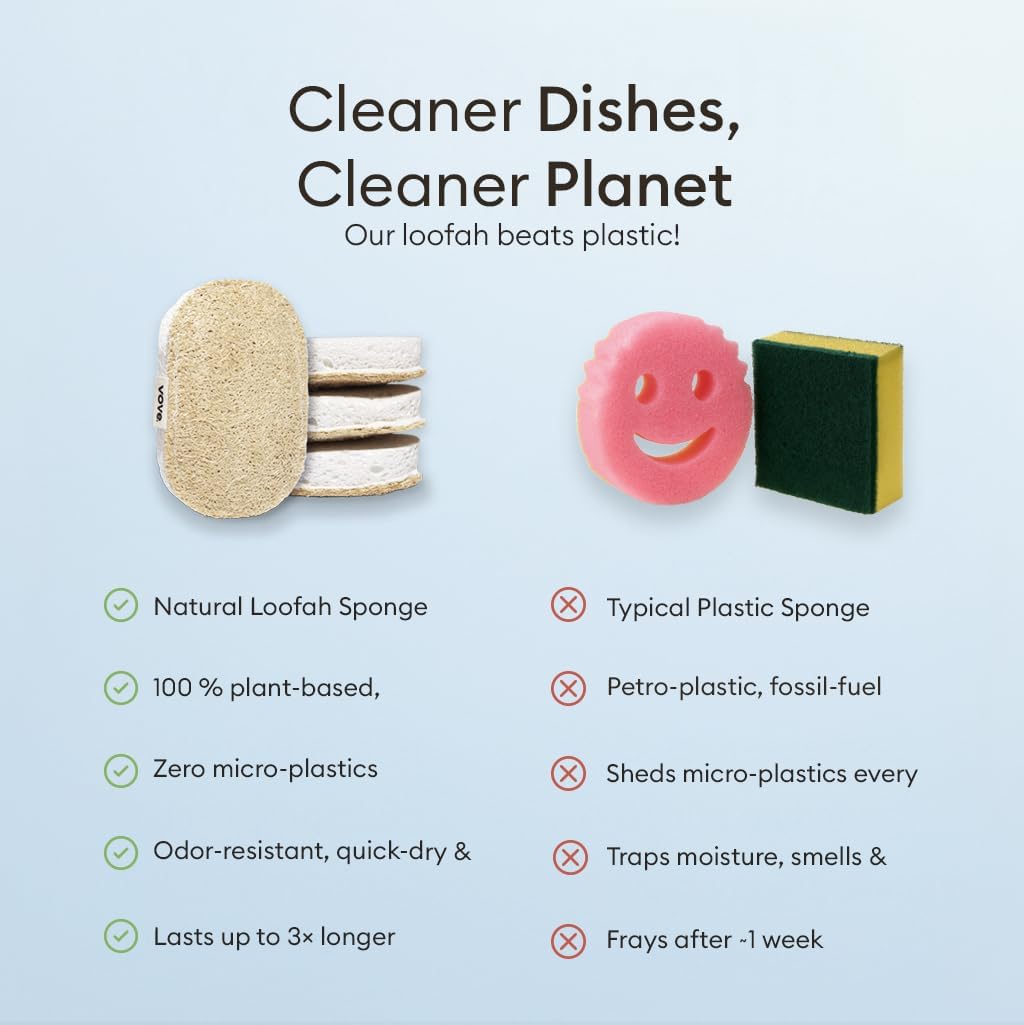 Vove Scrub Sponges 4 Pack, Cellulose & Cotton with Natural Loofah, Eco-Friendly Loofah Dish & Kitchen Sponges, Bathroom Scrubbing Pads, FSC-Certified Packaging