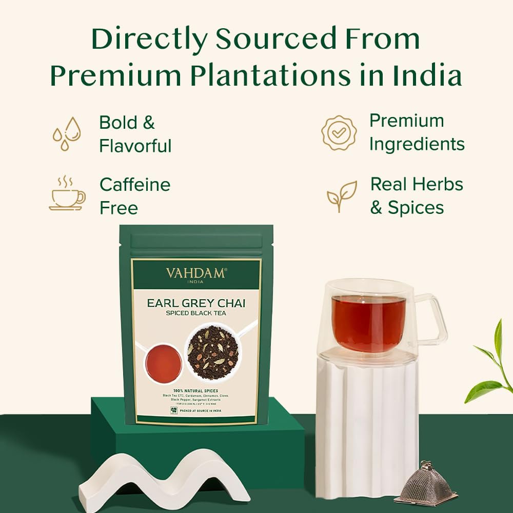 VAHDAM Earl Grey Masala Chai - High Caffeine, Non GMO, Gluten Free | Citrusy Earl Grey Tea Leaves w/ Pure Bergamot Oil | Brew Hot, Iced or Chai Latte | Vacuum Sealed Pack (50 Cups/3.53 oz)