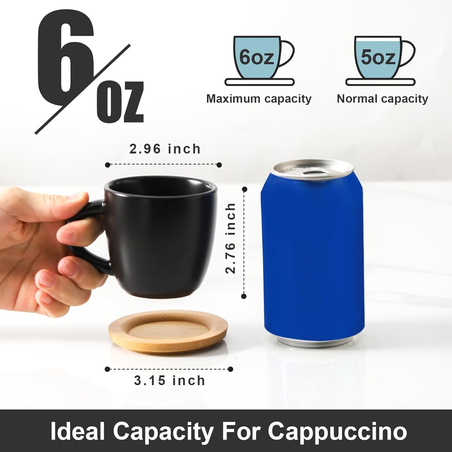 Hasense Porcelain Cappuccino Cups and Saucers Set of 6-6 Ounce Demitasse Espresso Mugs with Handle Perfect for Latte, Cafe Mocha, Double Shot and Tea, Black