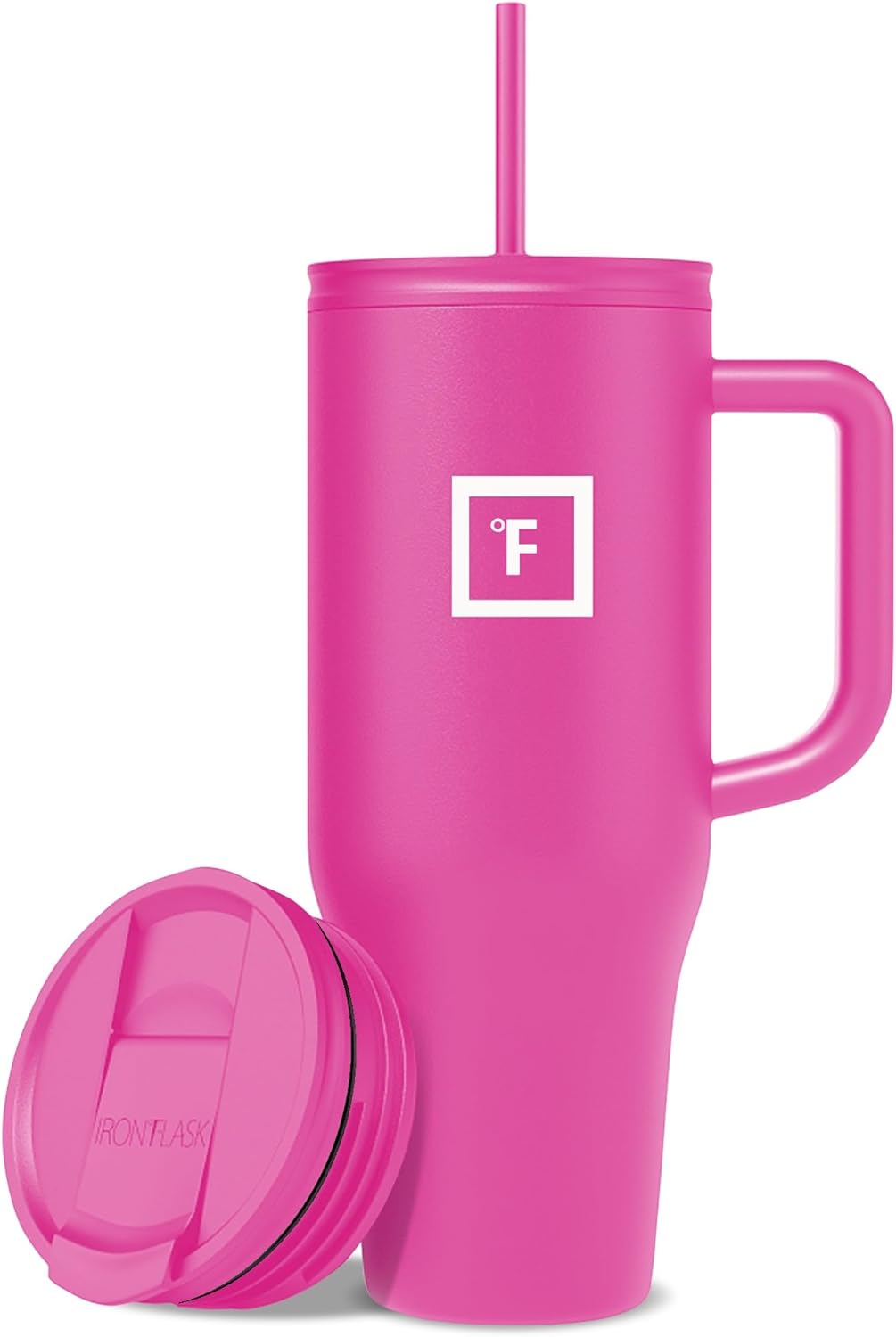IRON °FLASK Co-Pilot Insulated Mug w/Straw & Flip Cap Lids - Cup Holder Bottle for Hot, Cold Drink - Leak-Proof - Water, Coffee Portable Travel Mug - Pink Tulip, 40 Oz