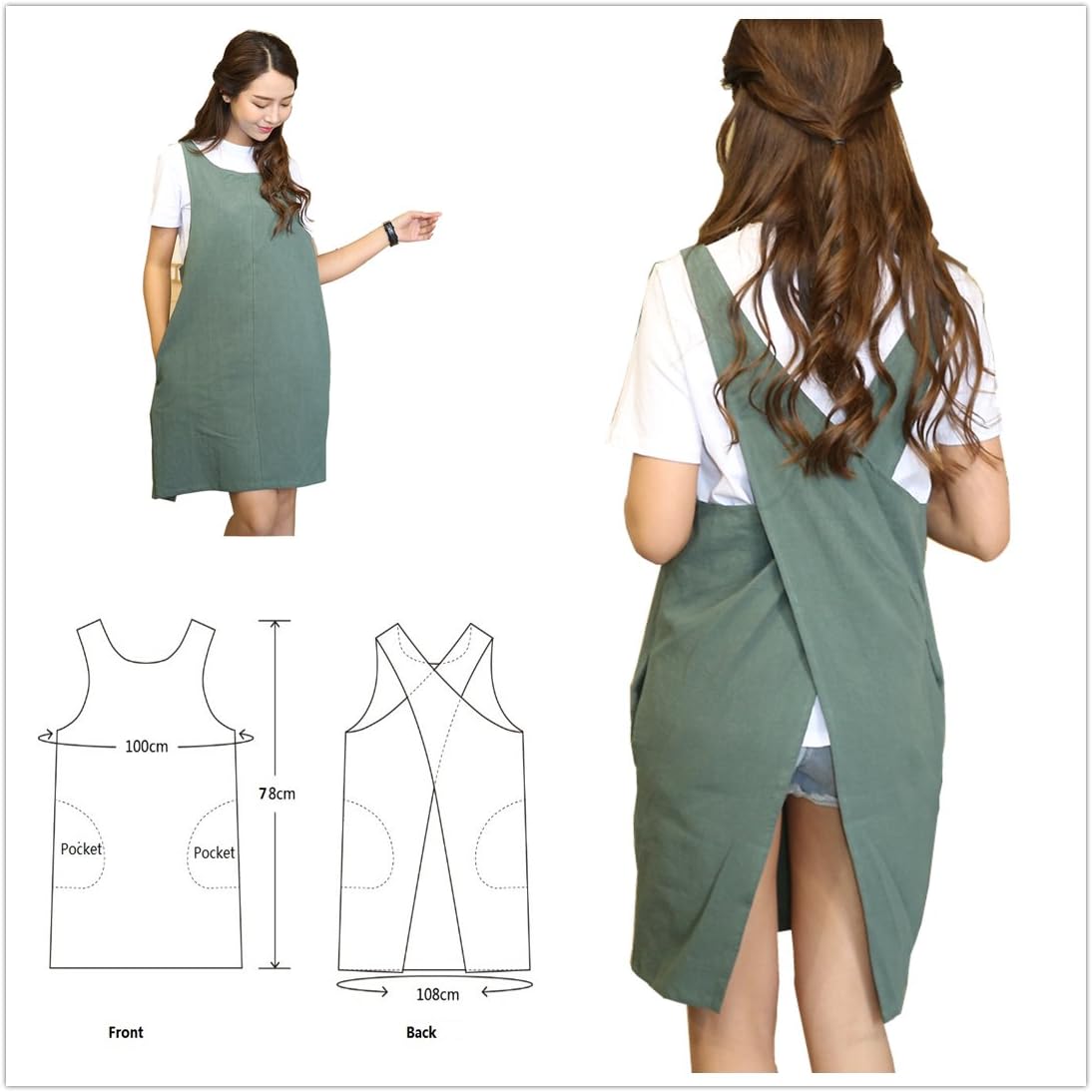 Cotton Linen Japanese Apron Halter Cross Back Bandage X Shape Aprons Two Pockets