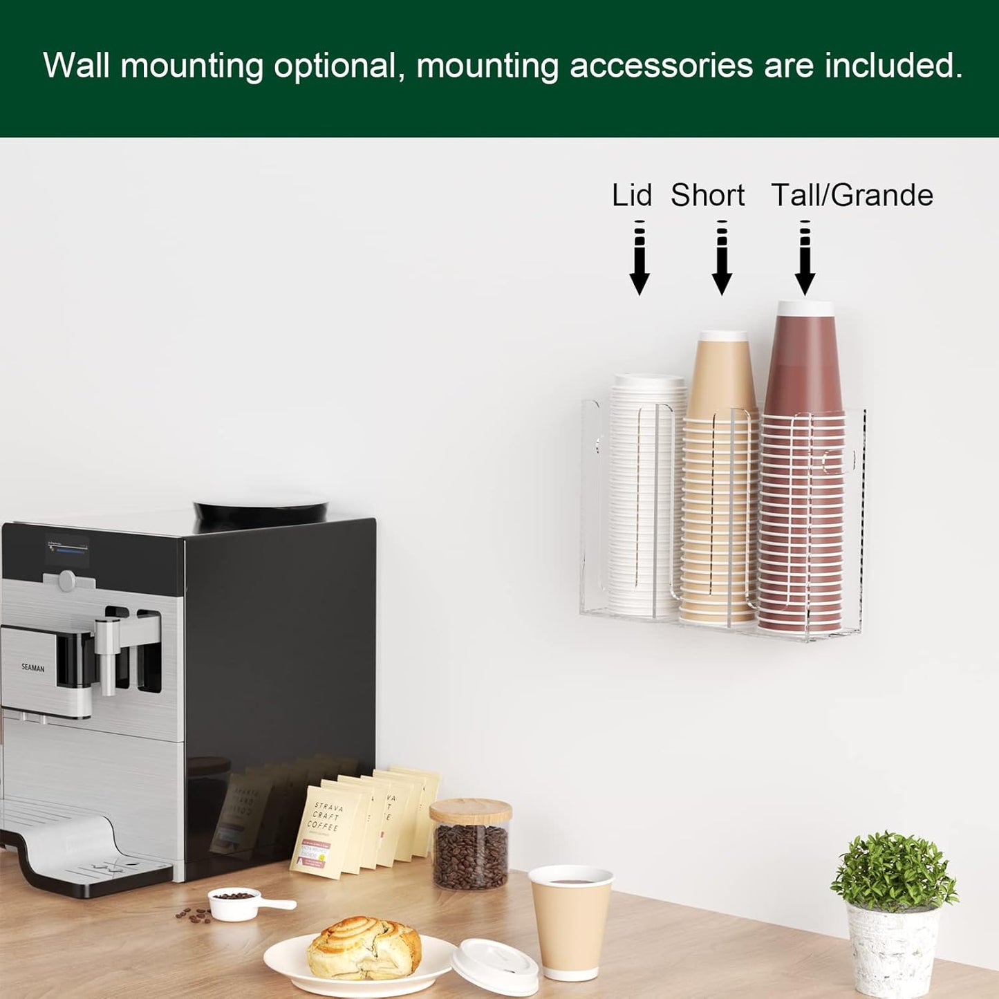 Disposable Coffee Cup Dispenser with Handles, Countertop or Wall Mount Hot/Cold Drink Cup and Lid Holder - Bathroom/Kitchen/Office Acrylic Cup Lid Storage Organizer (3 Compartments, Clear)