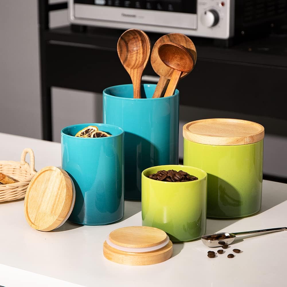 Sweejar Ceramic Food Storage Jar, Stackable Kitchen Canisters, Containers with Airtight Seal Wooden Lid for Serving Ground Coffee, Tea, Sugar, Salt and More - 16 Fl Oz (Gradient Green)