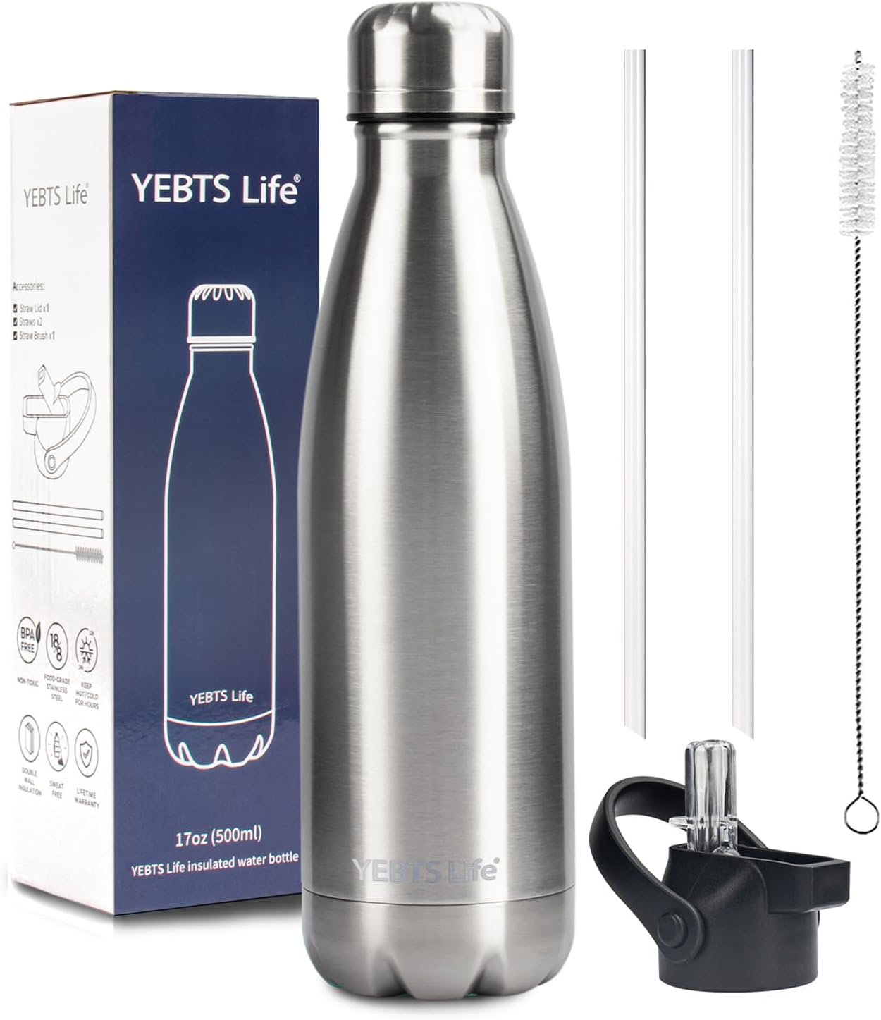 Insulated Water Bottle,17oz Stainless Steel Water Bottles with straw lid, Metal Sports Water Bottles for Boys,Girls, Double Wall Vacuum BPA-Free Flask for School, Sports(SLIVER)