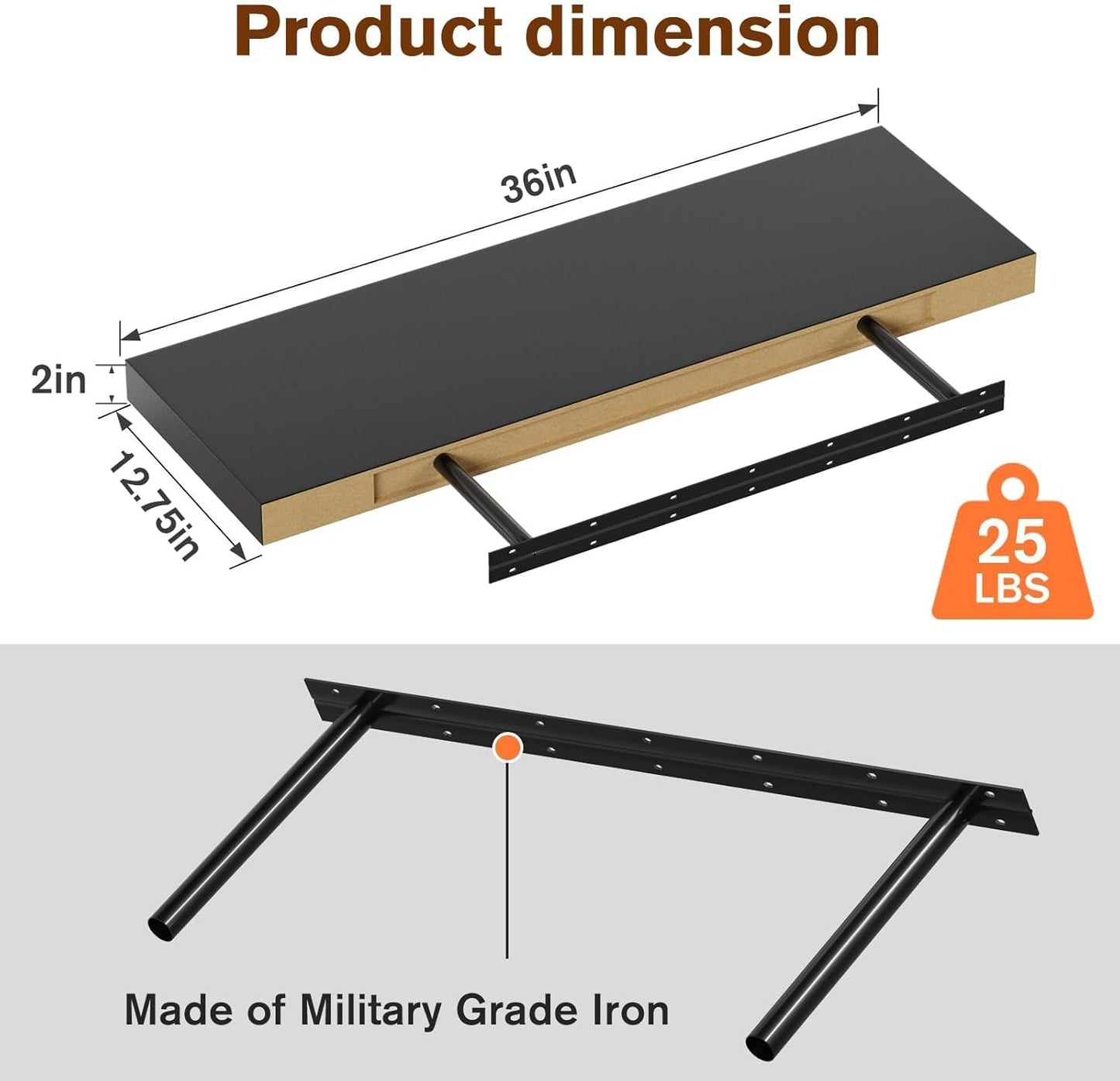 Floating Shelf, Set of 1 Wall Shelf, 36 in W x 12.75 in D x 2 in H Wooden Floating Wall Shelf with Invisible Brackets for Living Room/Bedroom/Bathroom/Kitchen Storage and Decor, Black