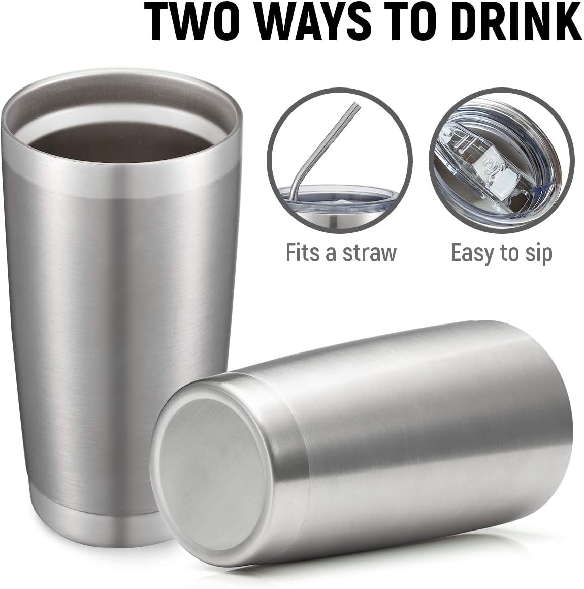 COMOOO 20oz Stainless Steel Tumbler Bulk Double Wall Vacuum Coffee Cup Insulated Travel Mug with Lid and Straw Durable Powder Coated Insulated Coffee Cup for Cold & Hot Drinks (silver, 8 pack