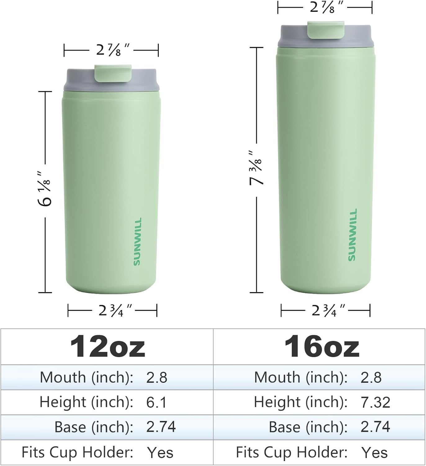 SUNWILL Insulated Coffee Mug with Lid, Leak Proof Tumbler Stainless Steel, 12 oz Travel Cup for Office, Home, Powder Coated Matcha