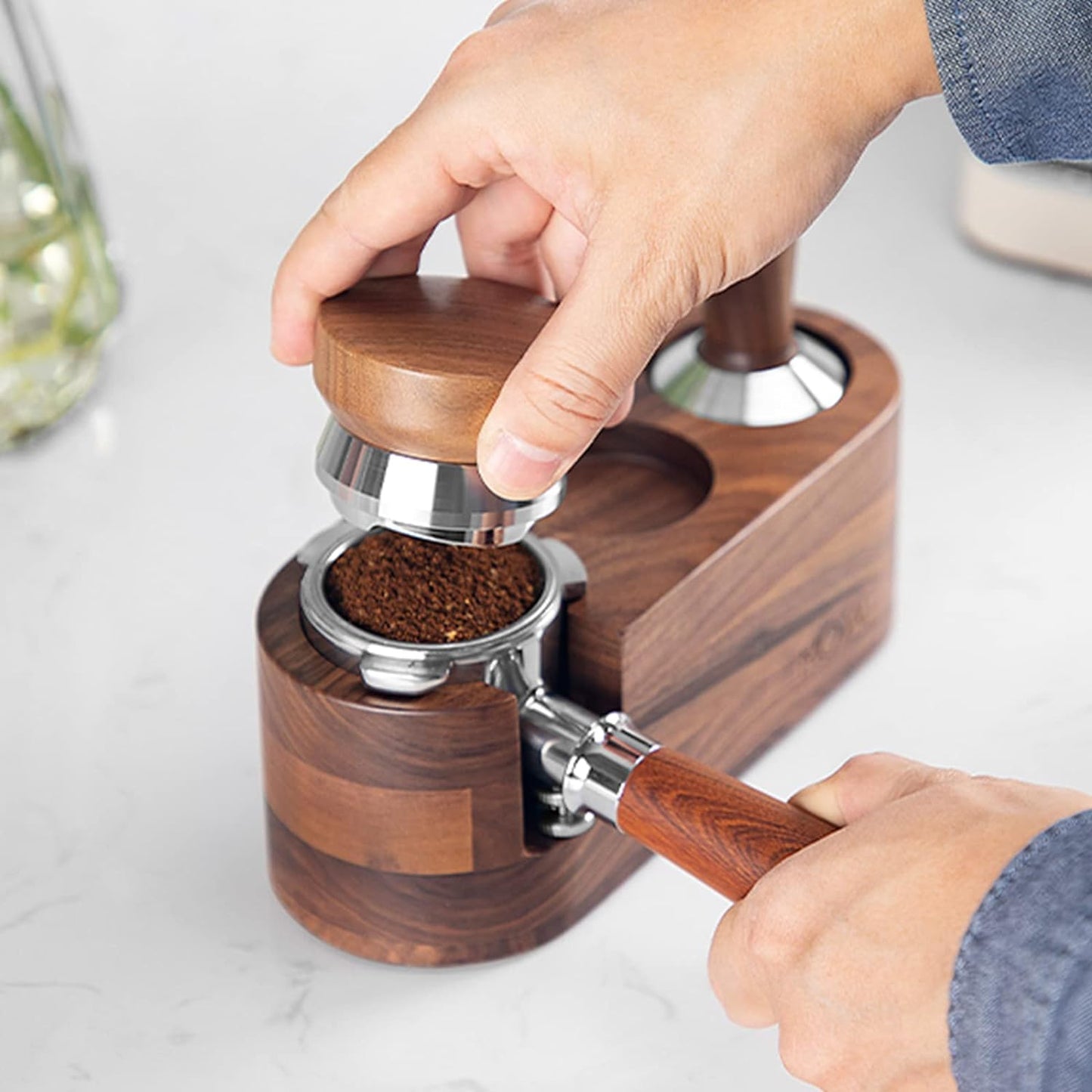 MOJAE 58.5mm Espresso Distributor, Espresso Distribution Tool, Coffee Distributor Adjustable Depth Espresso Leveler With Walnut Wood Handle, Fits for 58mm Portafilter