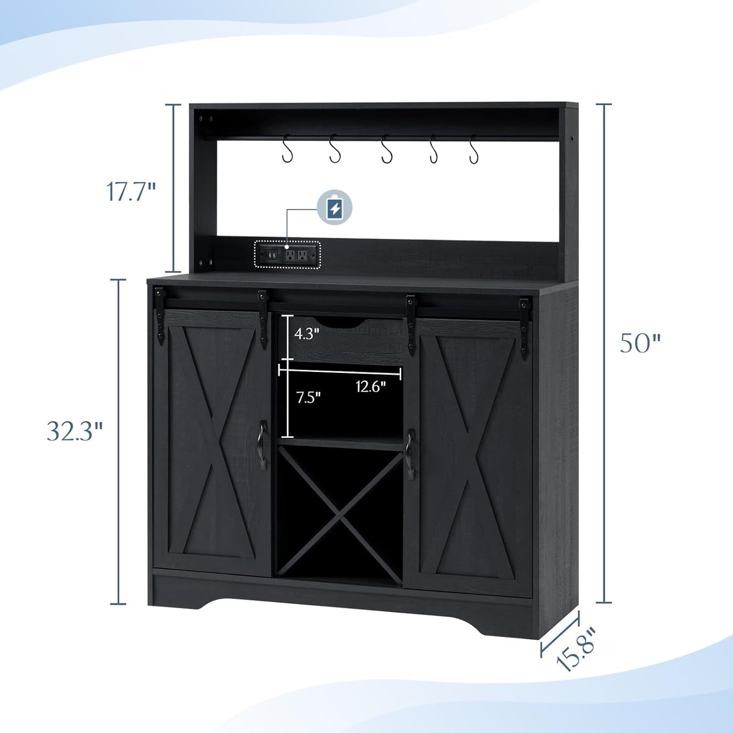 Wnutrees Farmhouse Coffee Bar Cabinet with Charging Station and USB Ports, Sliding Barn Door, 39" Kitchen Hutch Sideboard Buffet Storage Cabinet, Fits Kitchen Dining Living Room, Black
