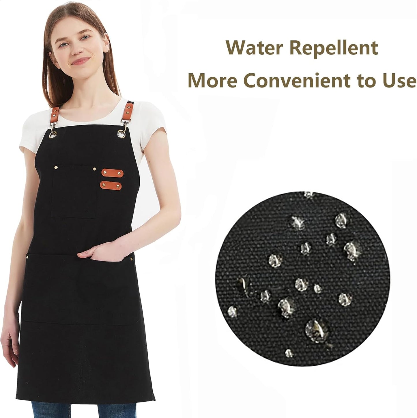 AFUN Chef Aprons for Women Men with Large Pockets, Cotton Canvas Cross Back Water Repellent Work Apron, Size M to XXL (Black)