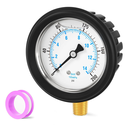 0-200PSI Stainless Steel Liquid Filled Pressure Gauge, 2.5" Dial Size, 1/4" NPT Lower Mount, with Rubber Protective Sleeve, for Tube, Water Pump, Gas, Liquid, Pressure Test