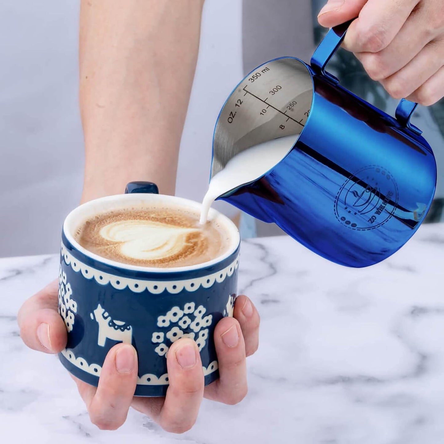 Milk Frother Cup,Milk Frothing Pitcher 12 oz,Steam Pitcher,Espresso Machine,Espresso Frother Cup Blue