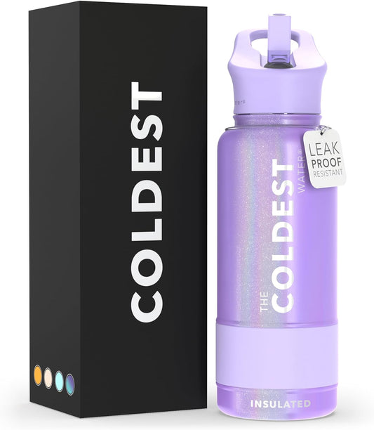 Coldest Insulated Water Bottle with Straw Lid - Stainless Steel Metal Insulated Bottle for Men & Women (Purple Glitter, 32 oz)