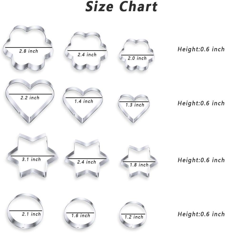 MCIGICM Cookie Cutters Shapes Baking Set, 12PCS Flower Round Heart Star Shape Biscuit Stainless Steel Metal Molds Cutters for Kitchen Baking Halloween Christmas
