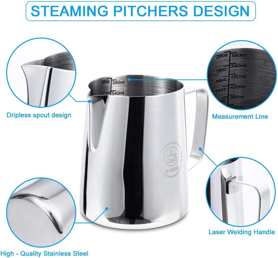 Milk Frothing Pitcher 20oz,Espresso Steaming Pitchers 600ml,Espresso Machine Accessories,Milk Frother cup 20 Oz, Coffee Cappuccino Latte Art,Stainless Steel Jug Cup with Decorating Art Pen