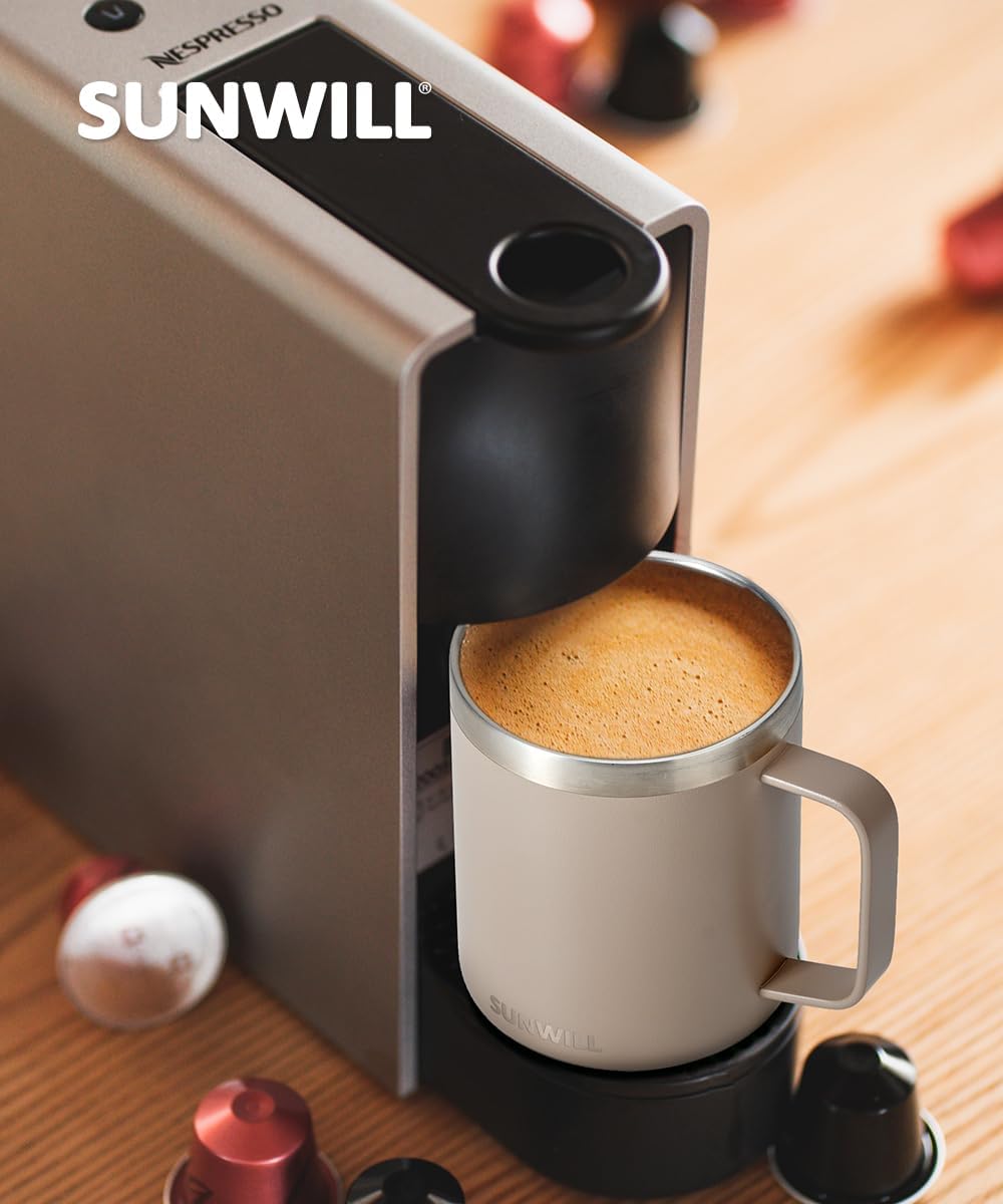 SUNWILL Travel Coffee Mug Set of 2, Insulated Tumbler with Lid, 14oz Stainless Steel Cup with Handle for Camping, Office, Home, Powder Coated Cream & Taupe