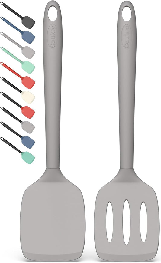 Coukre 2 Pack Silicone Spatula Set, High Heat Resistant, BPA Free Kitchen Spatula, Solid & Slotted Turner for Non-Stick Pans, Saut?ing, and Flipping (2, PureGray)