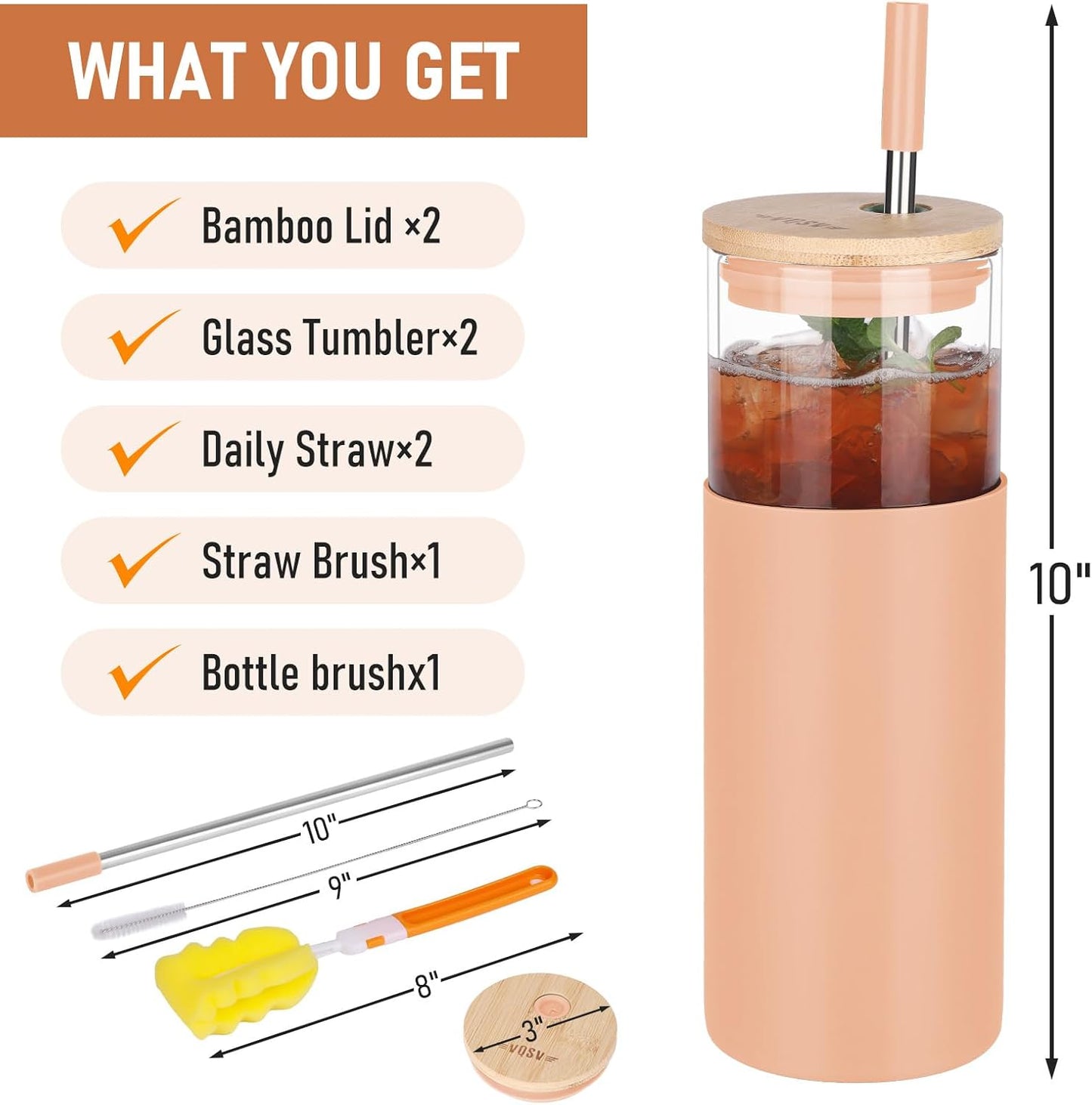 Glass Tumbler w/Lids & Straw - 24oz Reusable Glass Mug/Bamboo Lid & Stainless Steel Straw-BPA Free, Leak-Proof, Dishwash Safe for Coffee, Smoothies, Hot Beverages, Travel, Office, Home Use，2-PK